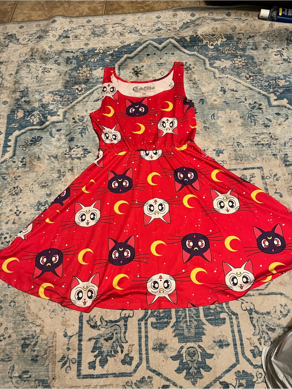 Women’s Red Mini Dress with Cat Face and Crescent Moon Print